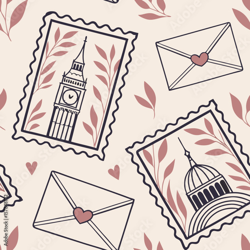 Vintage postcard style seamless vector pattern with love letters and landmarks  
