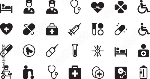 Hospital signage glyph icon set. Vector pictograms of clinic , nurse, doctor, pharmacy, medication, vaccination, syringe, patient, room, operating, radiology, MRI, black sign silhouette illustration.