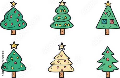 Cute Hand Drawn Christmas Tree Illustration with Star Toppers and Decorations