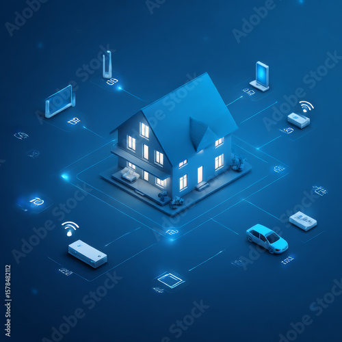 Smart home technology conceptual banner. Building consists digits and connected with icons of domestic smart devices. illustration concept of System intelligent control house on blue background. IOT.