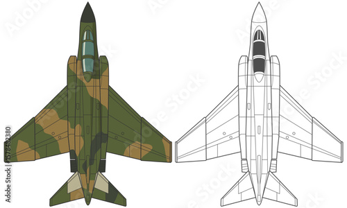 Set F-4 phantom military aircraft design in line art and colored style from top view. Vector illustrations colorful f4 fighter jet. Outline drawing combat aircraft. United states modern airplane.