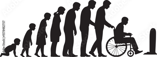 Life cycle and aging process. Person growing up from baby to old age