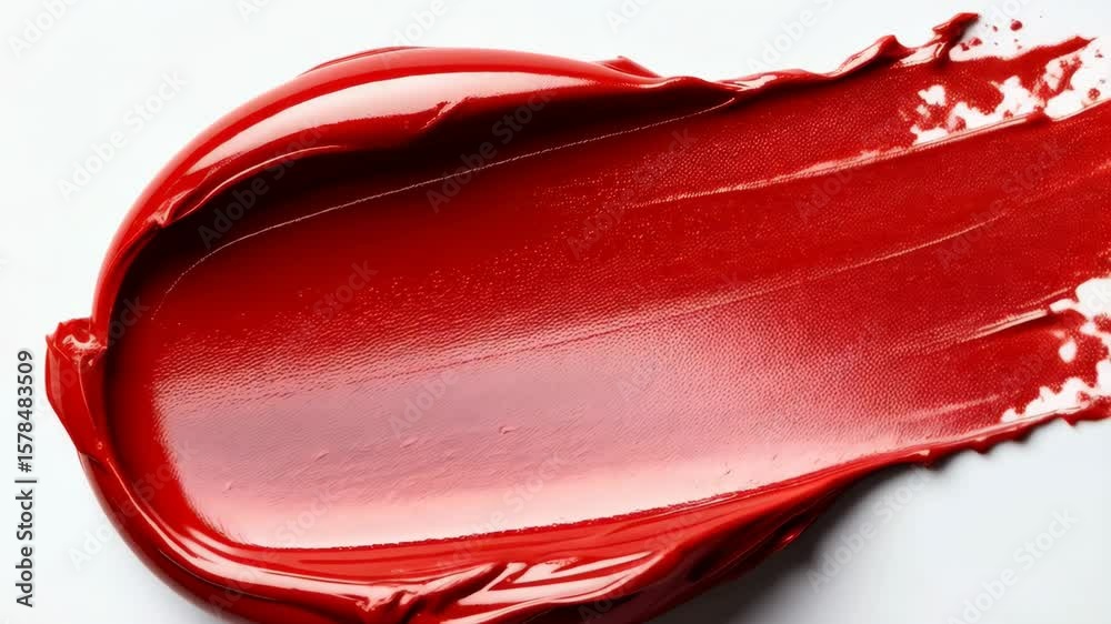Close-up of a vibrant red liquid cosmetic swipe on a clean white surface, creating a bold and glossy effect with textures and shades