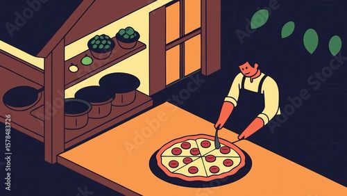Chef Slicing Delicious Pizza in Cozy Kitchen Setting with Ingredients