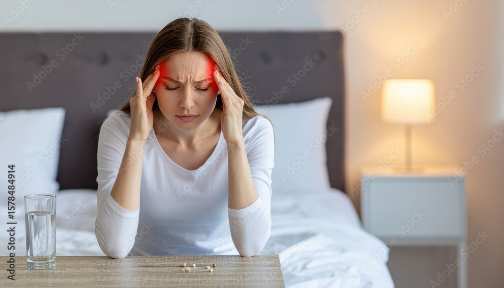 © Imran - Woman headache pain migraine stress depression health problem sick ill unwell suffering medical tension head pain