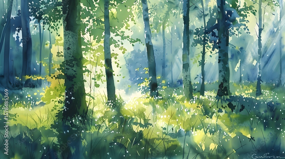 Obraz premium Captivating Watercolor Forest Landscape with Lush Foliage and Dappled Sunlight