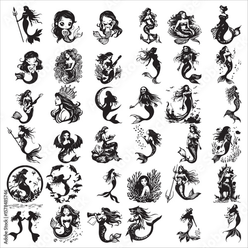 Diverse Mermaid Silhouette Icon Set
