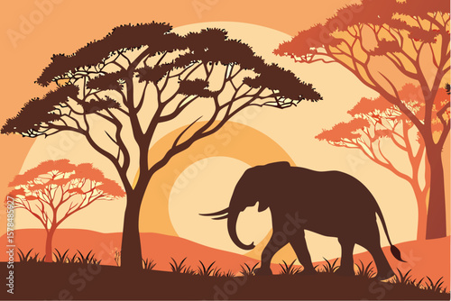 A silhouette of an elephant walking in a savanna landscape with trees and a warm sunset background scene