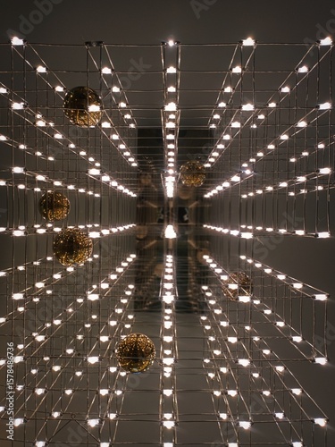 Infinity Mirror Illusion with Glowing Grid and Golden Orbs
