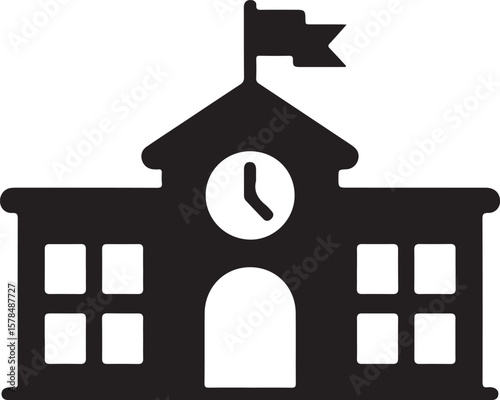 School building with clock and flag flat icon for apps and websites 