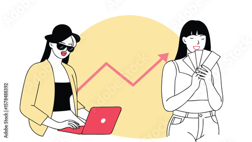 Women using laptop and holding cash representing online income growth and financial success in flat design
