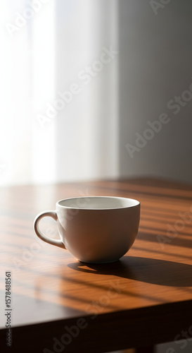 Wallpaper Mural A white ceramic cup sits on a wooden table in the sunlight Torontodigital.ca
