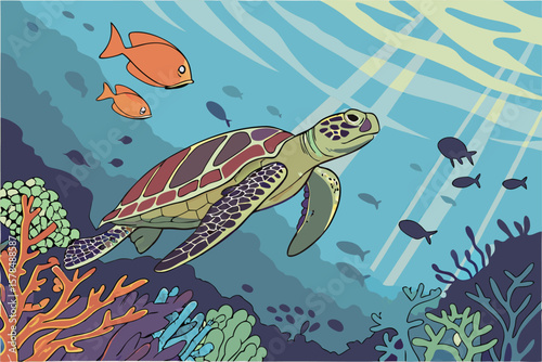 A sea turtle swims among coral reefs with orange and black fish in a vibrant underwater scene