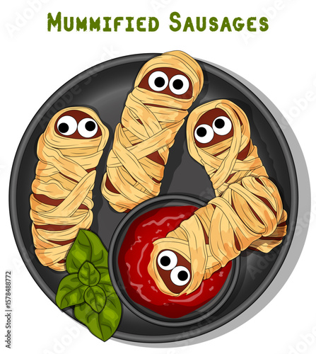 Mummified Sausages with Ketchup and Basil. Top View Halloween Spooky Party Food Detailed Illustration