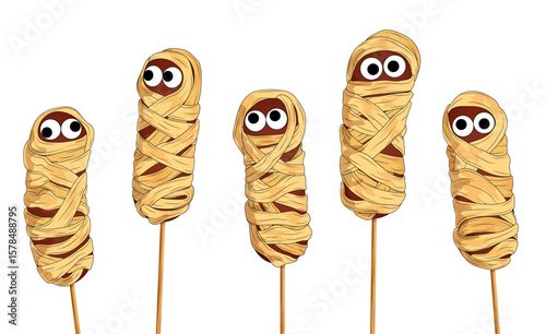 Mummy Sausage Skewers Illustration. Halloween Savoury Party Pastries