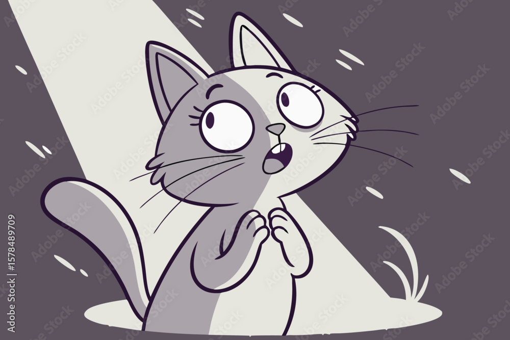 Obraz premium Cartoon cat with surprised expression looking up in a spotlight with whiskers and tail visible