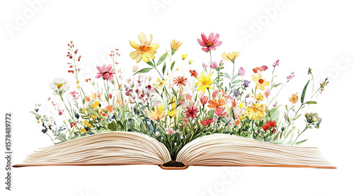 A watercolor painting depicts flowers blooming from an open book, evoking a vintage feel isolated on transparent background