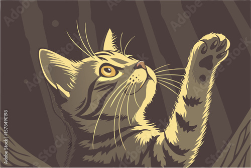 A tabby cat reaching up with its paw, looking upwards with curiosity in a stylized illustration style