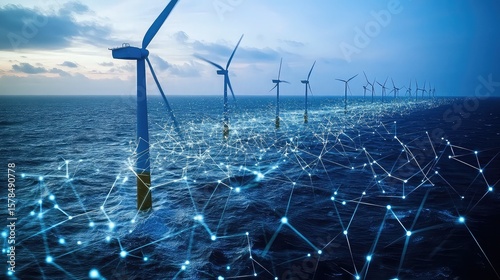Digital twin of offshore wind farm managed by AI simulating weather impacts, power yield forecasts, and turbine maintenance schedules for optimal output
