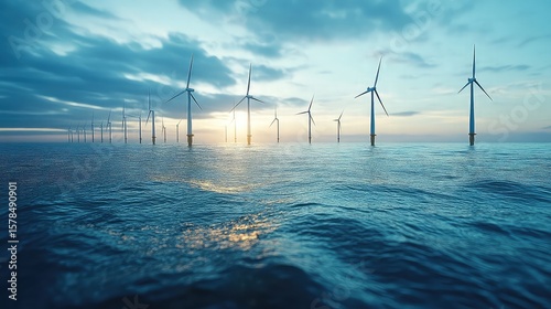 Digital twin of offshore wind farm managed by AI simulating weather impacts, power yield forecasts, and turbine maintenance schedules for optimal output