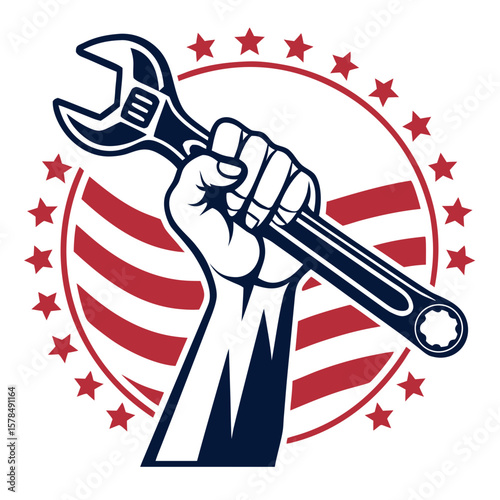 Labour Day Hand with Wrench SVG | USA Worker Silhouette Vector Art | Patriotic American Graphic for T-Shirts, Posters, Stickers, Prints, Union Pride, Tools