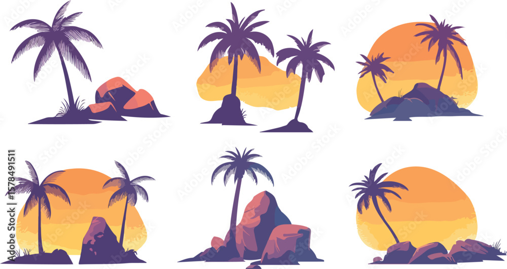 Fototapeta premium Tropical Palm Tree Silhouettes with Sunset Backgrounds Vector Illustration Set