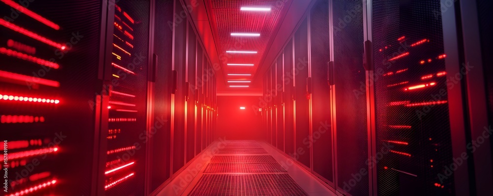 Fototapeta premium A futuristic data center corridor illuminated by red lights, showcasing advanced server technology in a high-tech environment