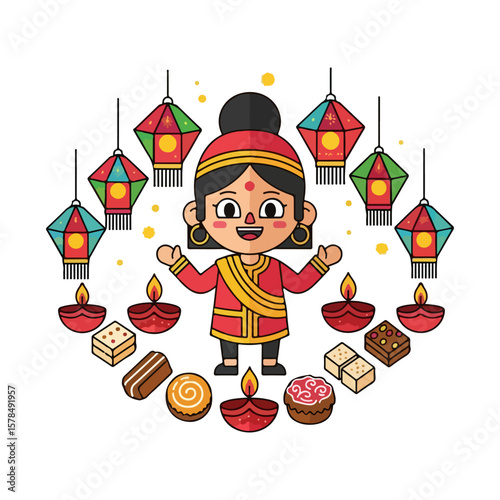 Character with lanterns and sweets, Diwali festival. Vector flat design cartoon. AI generated images.	