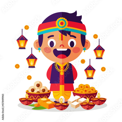 Character with lanterns and sweets, Diwali festival. Vector flat design cartoon. AI generated images.	