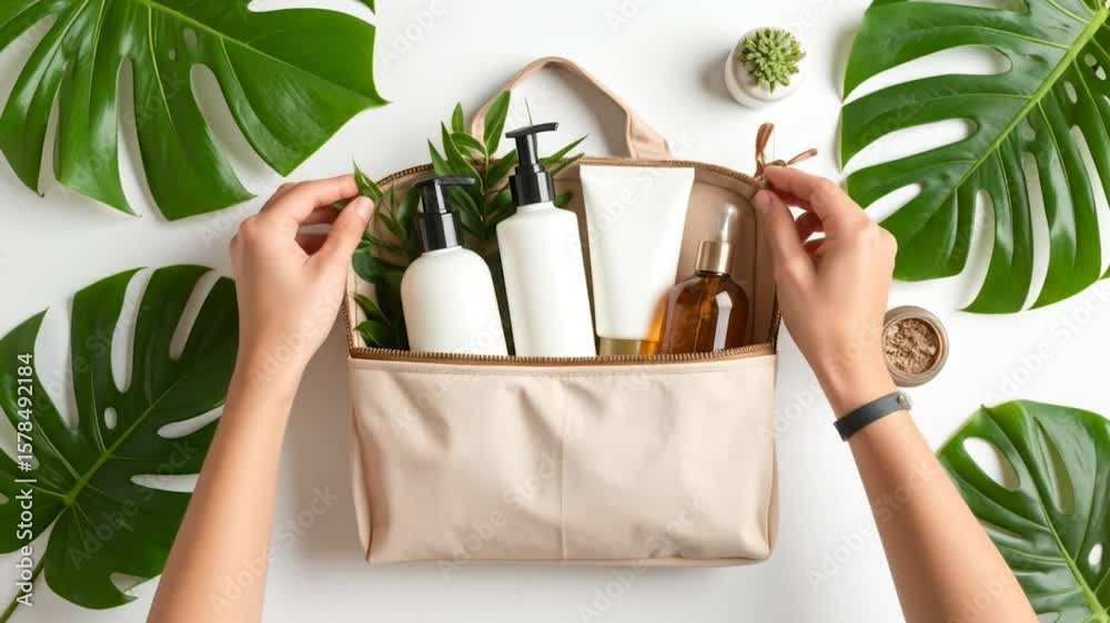 Aesthetic flatlay hands arrange skincare bottles and leaves in a beige bag on a white background