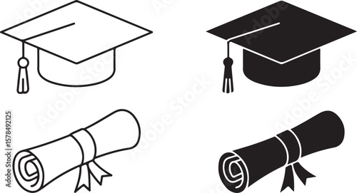 vector graduation cap and diploma icons
