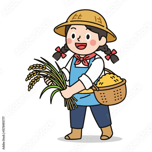 Character harvesting rice or grain, harvest festival theme. Vector flat design cartoon. AI generated images.	