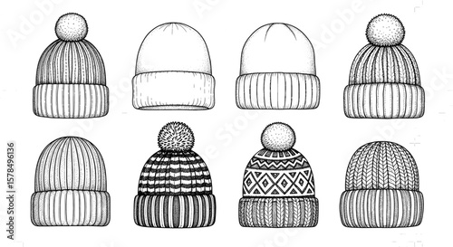 Collection of winter hats in line art style. Knitwear, fashion, warm clothing, casual style, winter season.