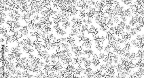 Pattern of house flies scattered on a surface. Repetitive insect design, infestation, bugs, vector graphics.