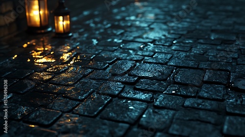 Wet cobblestone pavement at night with lanterns