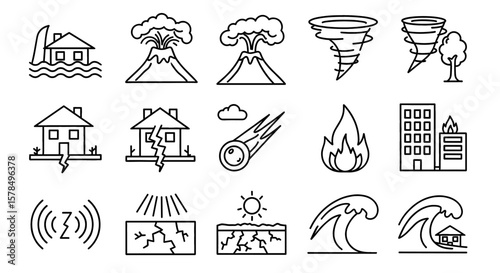 Natural disasters are represented by line icons. Earthquakes, volcanoes, floods, fires, and other extreme weather events.