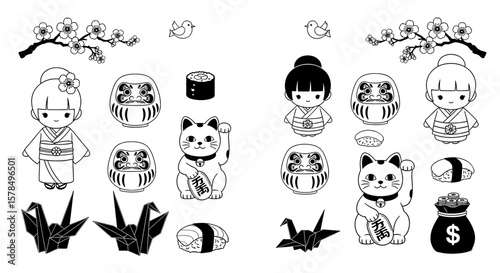 Japanese culture design elements collection in black and white. Traditional symbols, lucky cat, daruma doll, geisha, origami, and sushi.