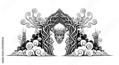 Mysterious doorway with face and swirling designs in black and white. Fantasy gate, artistic rendering, surreal entrance, dream portal