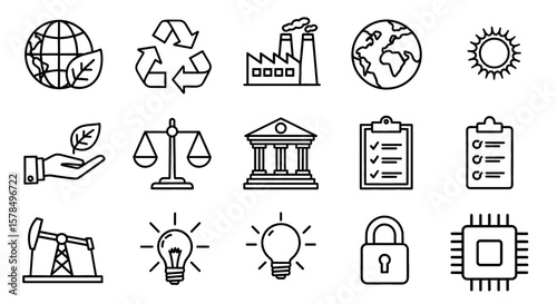 Set of environment and technology line icons. Includes sustainability, recycling, energy, and nature preservation concepts.