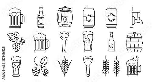 Line art icons feature drinks and brewing elements. Beer, brewery, pub, bar, alcohol production, grain