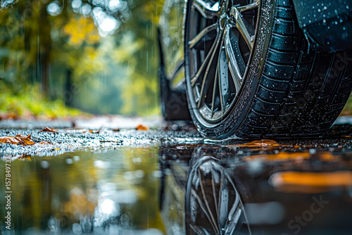 Close-up of a wet car tire on a rainy forest road with reflections and autumn leaves