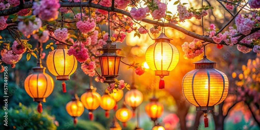 Obraz premium Peaceful Lantern-Lit Garden Scene: Soft Warm Light, Floral Decor, Rule of Thirds Composition