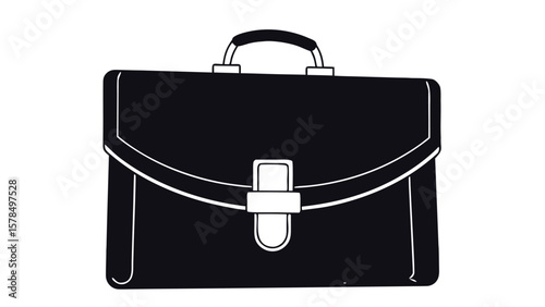 Black business briefcase icon with handle and front buckle in minimal flat style illustration
