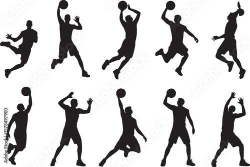 Black silhouettes of basketball players in action jumping and shooting the ball on white background