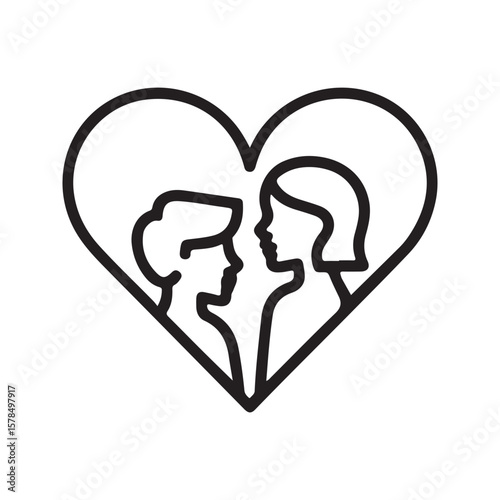 Couple profile silhouettes inside heart shape love romance