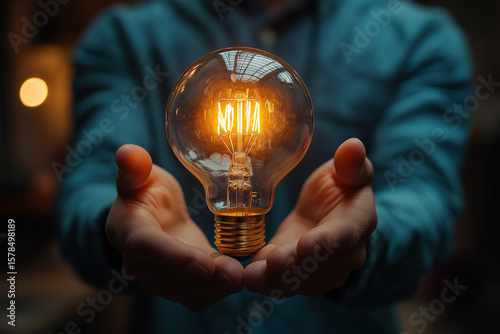 Hands Holding Glowing Light Bulb, Symbolizing Creativity and Innovation