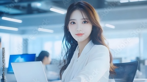 Young professional smiling, Asian woman in modern office environment, working on laptop with vibrant background, copy-space available