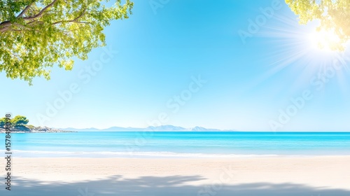 Tropical beach scene, clear blue sky, gentle waves lapping at shore, vibrant sun shining, perfect for relaxation and escape.