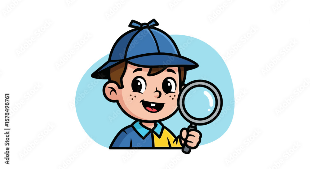 Fototapeta premium Cartoon Detective Kid with Blue Hat and Magnifying Glass