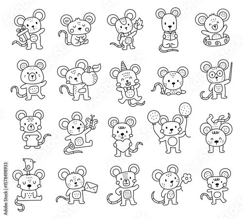 Mouse character set in charming outline line art adorable cartoon rodents holding gift, flower, letter, book, balloon, and wearing party hat for creative designs projects